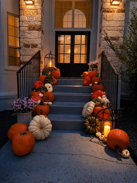 Celebrate Collection stone entry glowing at dusk with layered pumpkins