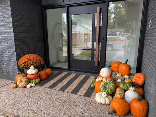 Gather Collection neutral pumpkin styling at a stone entry