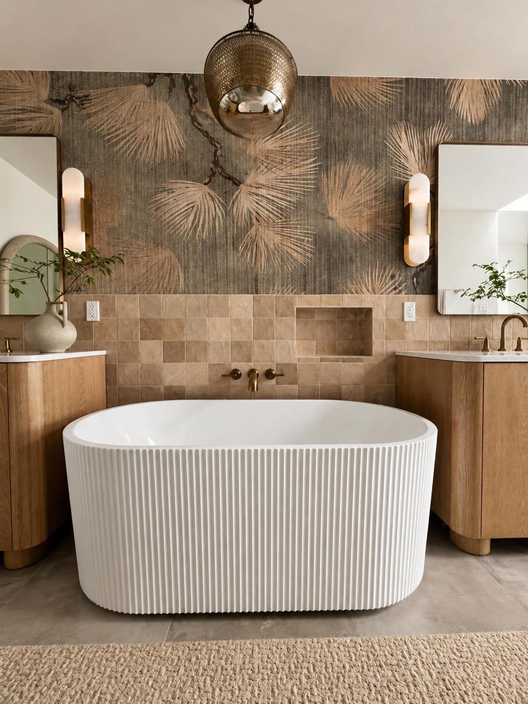 Secondary bathroom double vanity with a warm wood cabinet, matte black fixtures, stone-look tile accent wall, and two rounded-rectangle mirrors.
