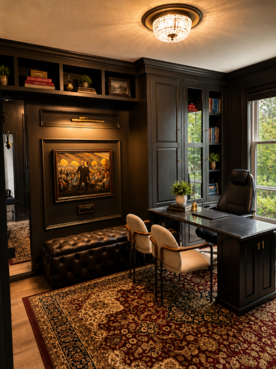 Hewetson Project office with dark paneled walls, built-in shelving, and leather seating