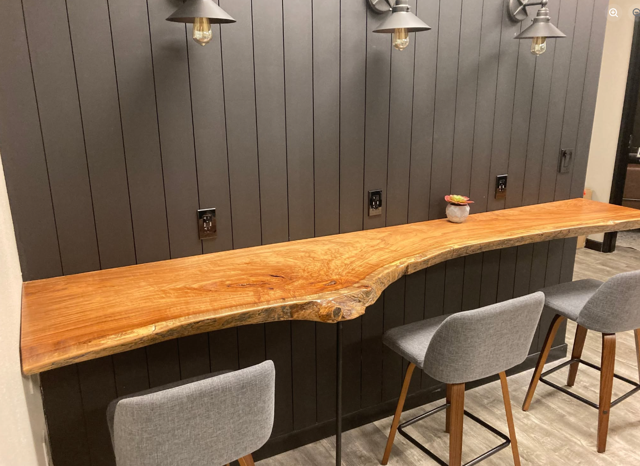 Hope Rock Project live-edge wood counter and bar seating