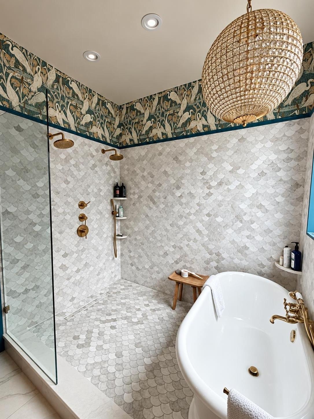 Luxury bathroom with scallop tile shower