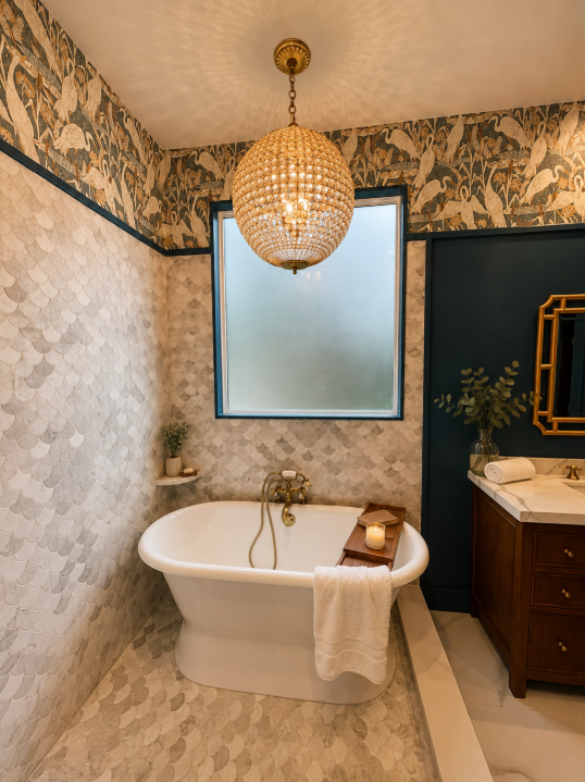 Freestanding tub in a richly layered bathroom with scalloped tile, floral wallpaper, and brass lighting.