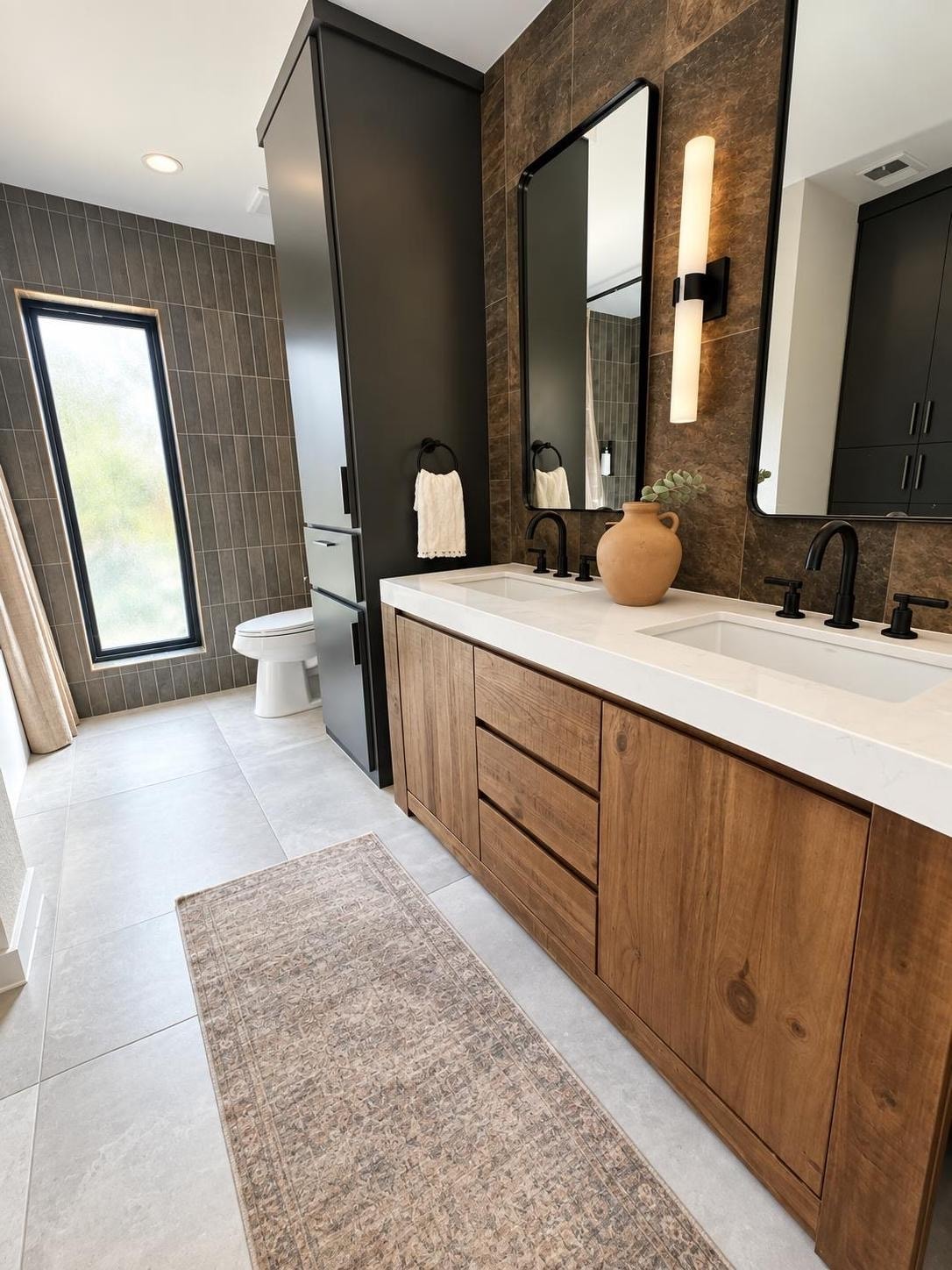 Secondary bathroom with dark charcoal tile, a wood vanity with matte black fixtures, large-format floor tile, and a narrow vertical window at the tub.
