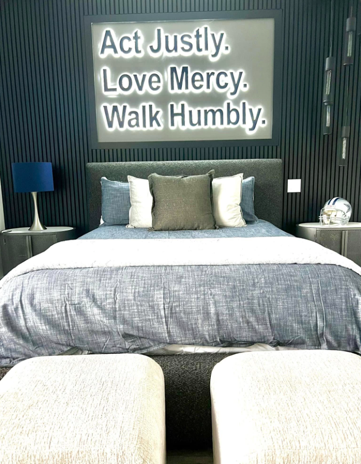 Front-facing view of a themed bedroom bed